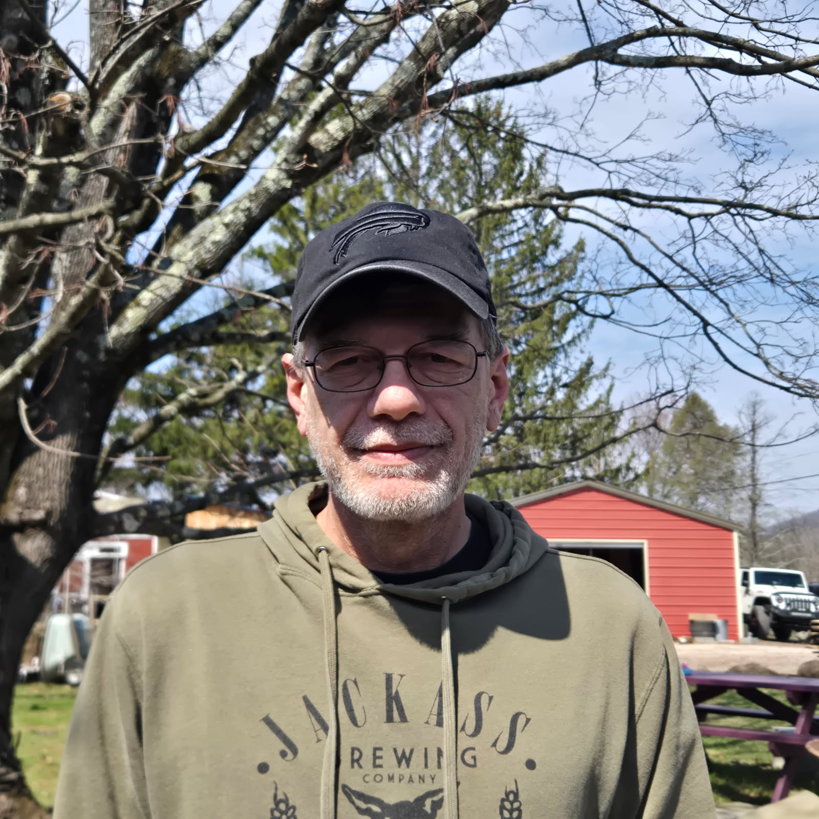 Man in hoodie and cap outdoors
