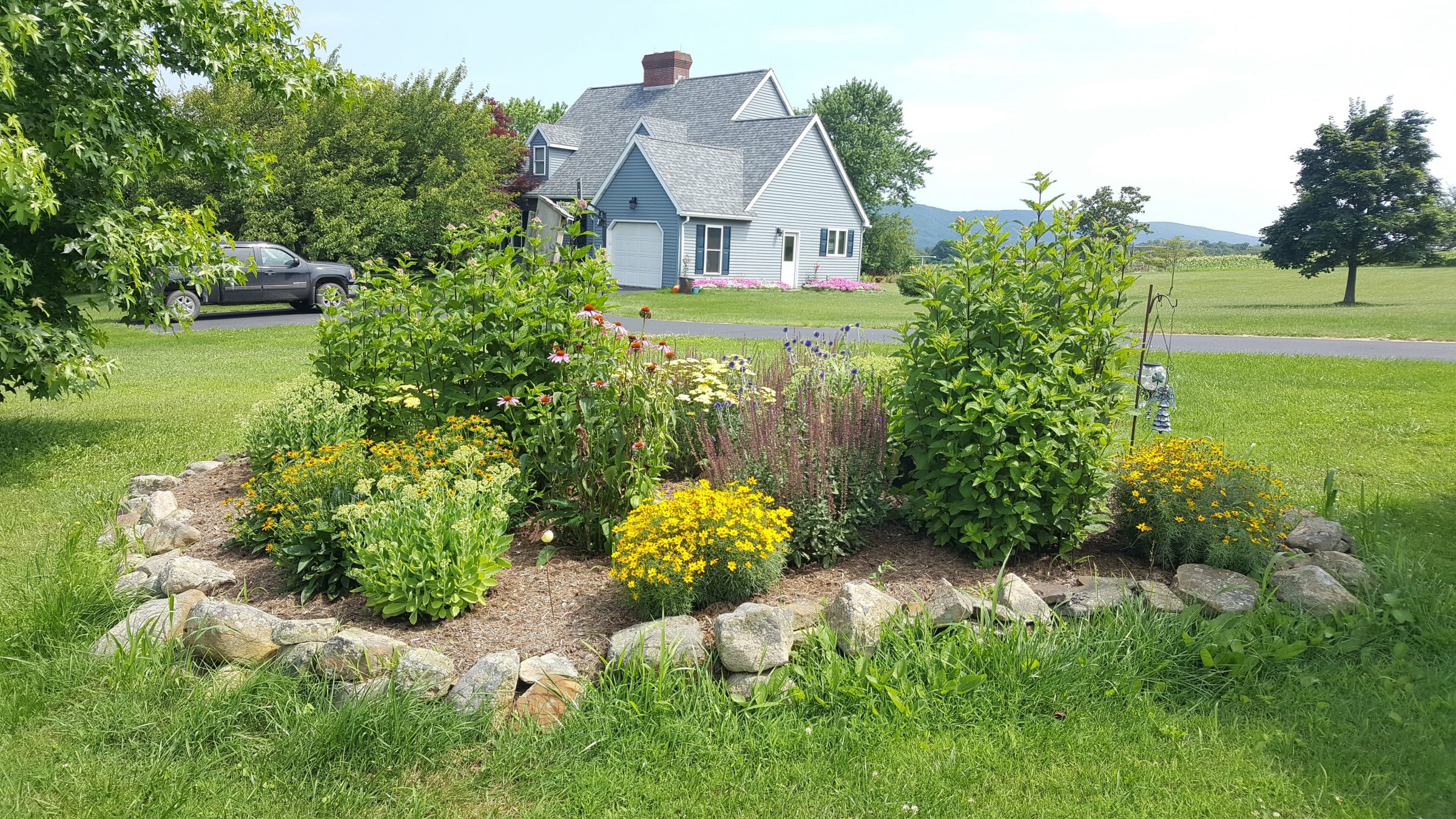 Colorful flower garden in front of suburban home