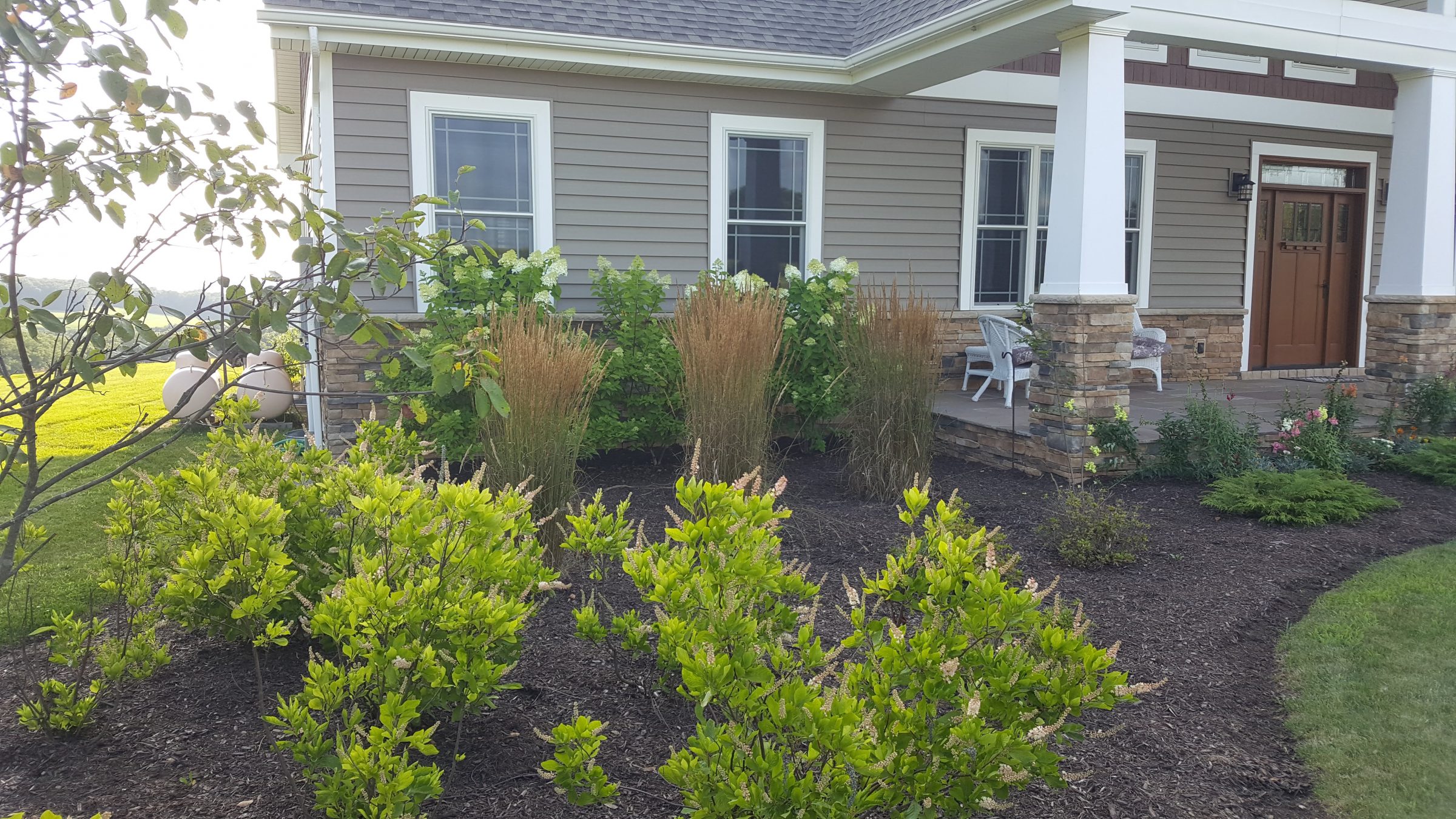 Landscaped front yard with porch and shrubs
